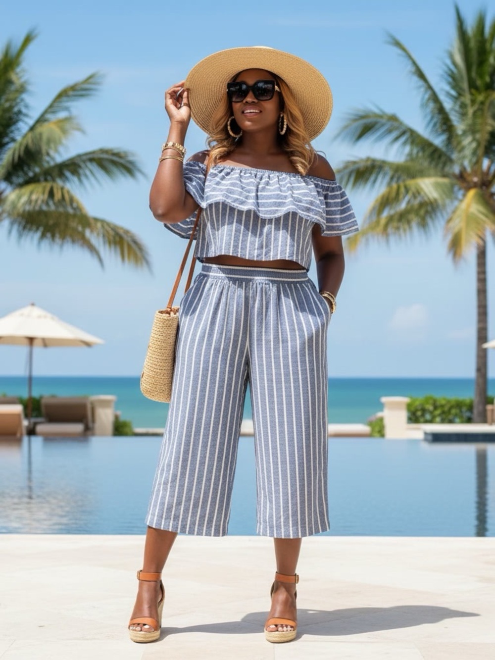 Ashley Stewart Striped Off-Shoulder Top & Culottes Pants Set Plus Size 24 EUC